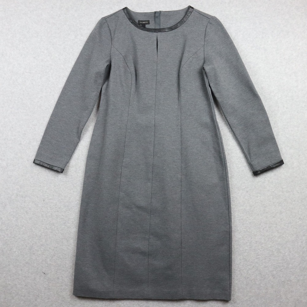 Talbots Dress Womens 4 Knee Length Shift Faux Leather Trim Gray‎ Long Sleeve
